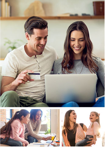 Couple in their thirties sitting on couch, looking at laptop. The man is holding a credit card.